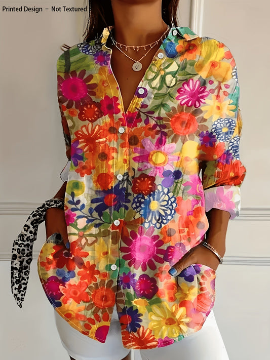 Chemise boutonnée à fleurs pour femmes, manches longues - Chemisier décontracté à col en V avec poches et motif floral coloré, haut ample printemps-été, chemise bohème de vacances S-XXL