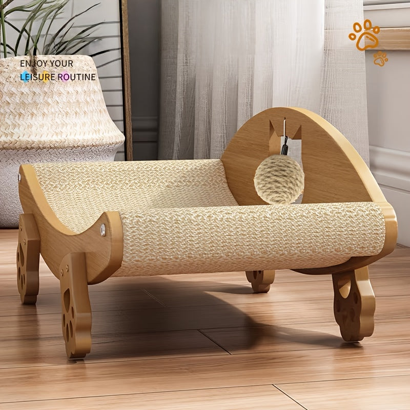 Chaise longue griffoir pour chat en sisal naturel avec jouet balle suspendue – Lit pour chat incurvé en bois massif, canapé anti-rayures pour chaton, protecteur de meubles pour chats d'intérieur