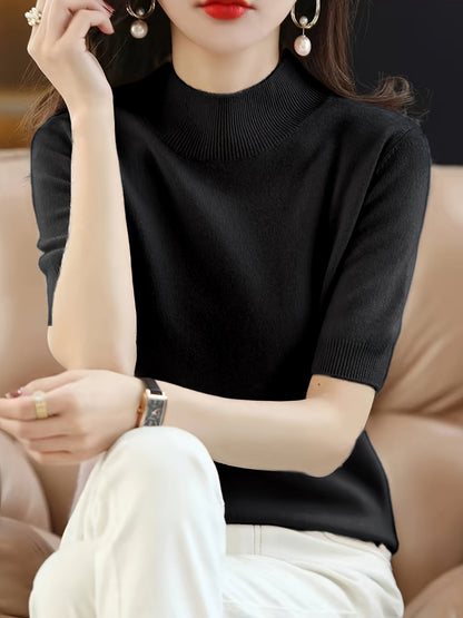 Women's Crew Neck Pullover Sweater Elegant Solid Color Short Knit Top Rib-Trim Stretchy Half-Neck Base Layer Shirt for Women
