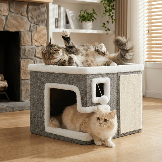 Maison pour chat 3-en-1 d'intérieur – Ottoman luxueux en bois pour dormir, jouer et faire ses griffes, cube refuge pour chats, adapté aux foyers multi-chats, gris clair, taille standard et grande