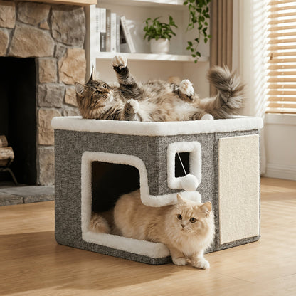 Maison pour chat 3-en-1 d'intérieur – Ottoman luxueux en bois pour dormir, jouer et faire ses griffes, cube refuge pour chats, adapté aux foyers multi-chats, gris clair, taille standard et grande