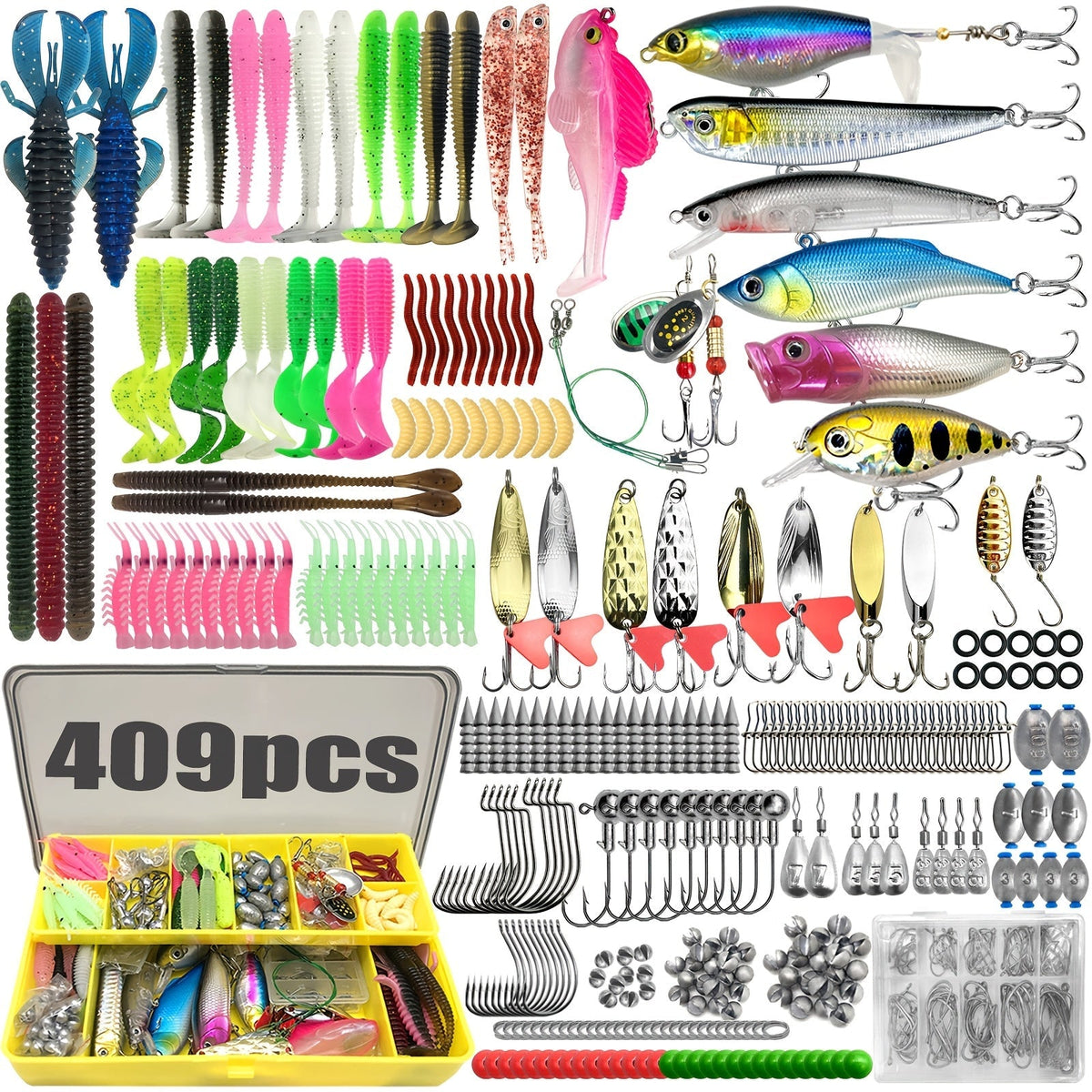 Kit d'articles de pêche complet pour eau douce, de 83 à 409 pièces – Spinnerbaits, crankbaits, têtes plombées, plombs, hameçons et mallette de rangement, assortiment ultime de leurres pour la pêche au bar pour débutants et professionnels