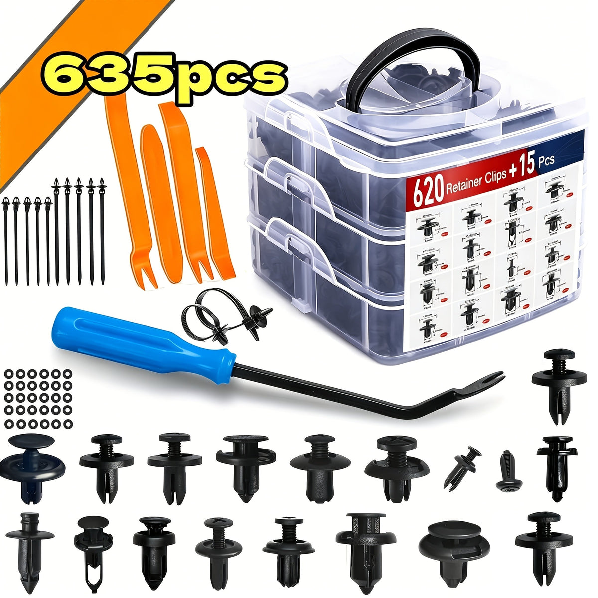 Kit d'assortiment de clips de fixation pour voiture 115/635/640/1290 pièces - 16 tailles de rivets en nylon pour pare-chocs et garde-boue, fixations automobiles avec serre-câbles et outil de démontage