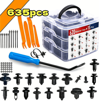 Kit d'assortiment de clips de fixation pour voiture 115/635/640/1290 pièces - 16 tailles de rivets en nylon pour pare-chocs et garde-boue, fixations automobiles avec serre-câbles et outil de démontage