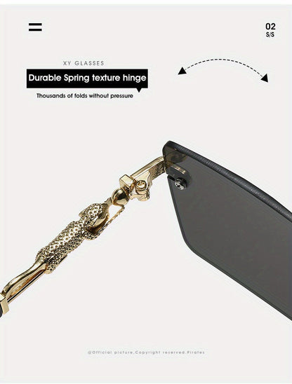 Lunettes de soleil unisexe sans monture motif léopard - Lunettes rectangulaires étroites anti-UV400 noir et doré, lunettes de mode haut de gamme pour hommes et femmes, étui et chiffon inclus, idéales pour les fêtes, les voyages et les festivals