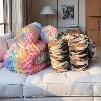 Fil chenille épais, 2 écheveaux de 500 g, laine pour tricot et crochet, rayé multicolore, polyester doux, extra épais, pelucheux, cadeau DIY pour femmes et hommes
