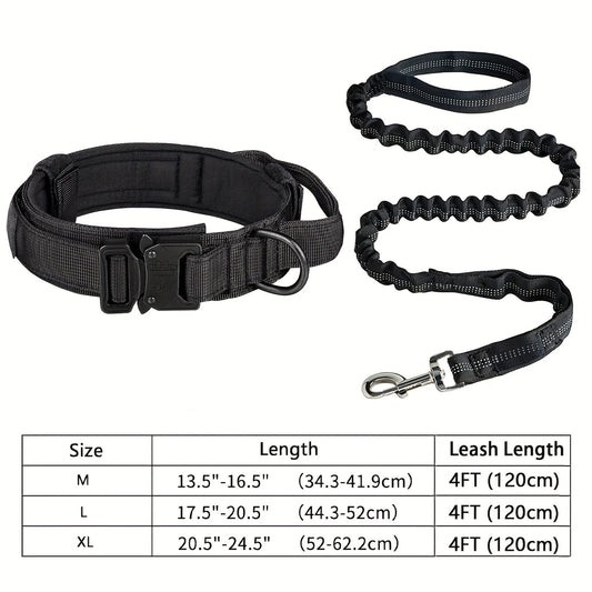 Ensemble collier et laisse tactiques pour chien – Polyester robuste et réglable avec boucle et anneau en D en métal pour toutes les tailles de chiens, collier et laisse d'entraînement de style militaire en noir et kaki, tailles M et L