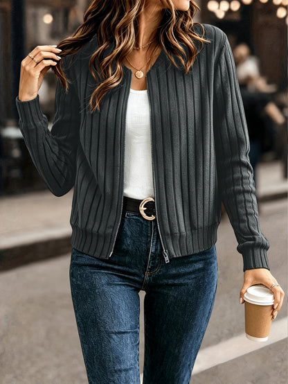 Women's Solid Color Ribbed Zip-Up Long Sleeve Jacket Coat – Elegant Casual Commuter Outerwear Fall Winter Knit Top