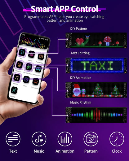 Panneau d'affichage LED matriciel flexible 16x96 – Enseigne défilante RVB programmable avec application et télécommande, alimentée par USB, éclairage animé DIY pour boutique, magasin, hôtel, voiture, décoration intérieure