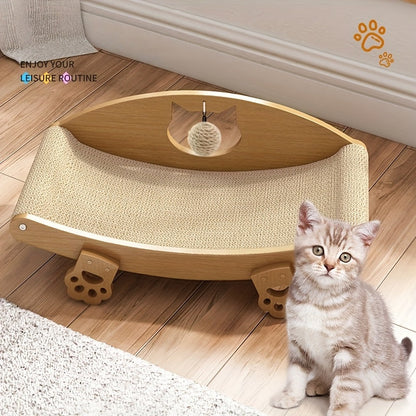 Chaise longue griffoir pour chat en sisal naturel avec jouet balle suspendue – Lit pour chat incurvé en bois massif, canapé anti-rayures pour chaton, protecteur de meubles pour chats d'intérieur