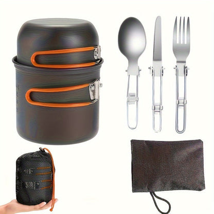 Ensemble de cuisine de camping en acier inoxydable 304 avec rangement pliable – Casserole compacte et durable avec couteaux et fourchettes pour randonnée, pique-niques et camping, vert et orange, kit de cuisine de camping léger
