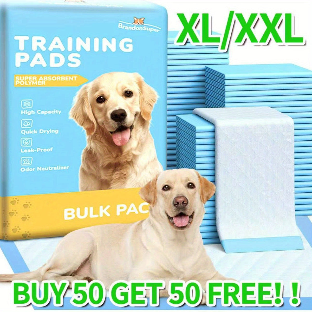 Alèses ultra-absorbantes pour chiens XL/XXL – Tapis de dressage épais et anti-fuites pour chiens moyens et grands, faciles à nettoyer, pour le camping et les soins aux adultes, lot économique 50+50 gratuites