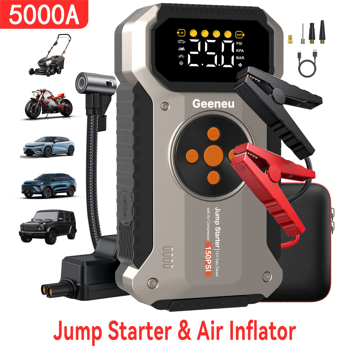 Démarreur de voiture 5000A avec compresseur d'air 150 PSI – Batterie de secours portable 12000 mAh, gonfleur de pneu numérique, USB-C et USB-A, lampe de secours LED pour moteurs essence et diesel 12V