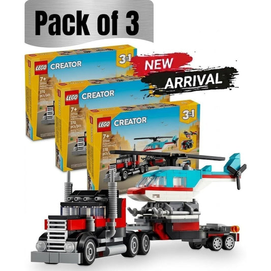 3-in-1 Flatbed Truck with Transport Helicopter Building Toy Set 270 Pieces (3-Pack), Kids Construction Vehicle Brick Kit - Birthday Gift for Boys & Girls Who Love Trucks, Cars & Building Toys