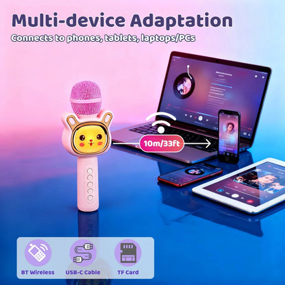 Microphone karaoké sans fil 5-en-1 avec haut-parleur intégré, lumières LED et changeur de voix – Micro de chant Bluetooth portable pour fêtes, réunions de famille, voyages et activités en plein air, 10 couleurs