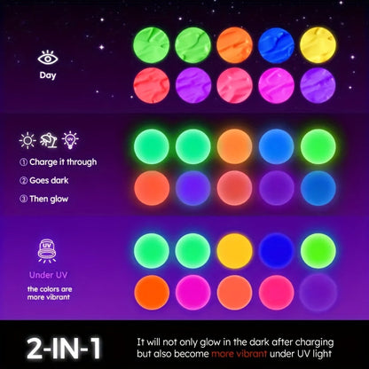 Glow in the Dark Paint Set 10 Colors 22ml Neon UV Acrylic Paint 2-in-1 Charge Glow and UV Activated for Rock Painting Canvas Craft Holiday Decor Christmas Gift