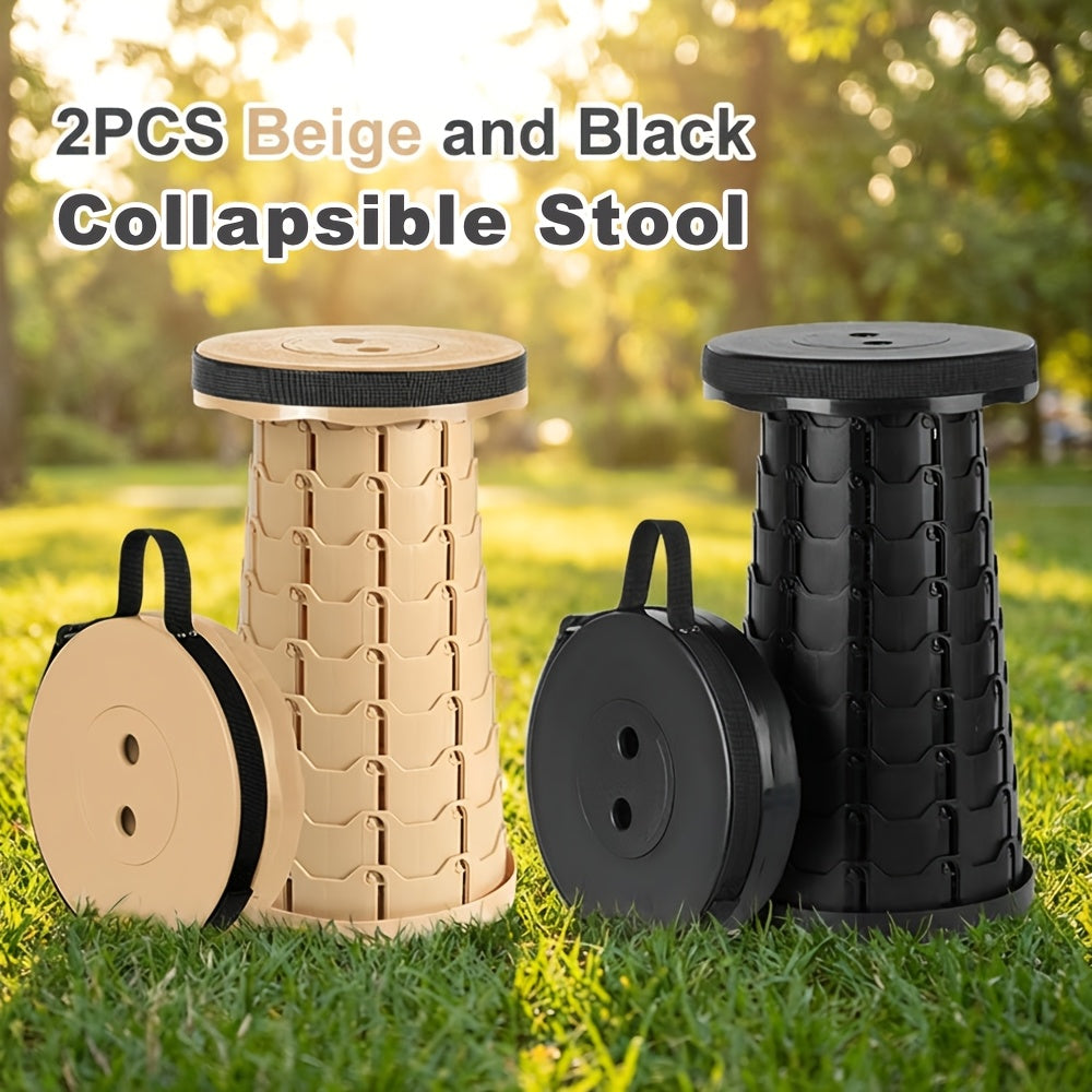 Lot de 2 tabourets pliants télescopiques, capacité 180 kg, siège rétractable portable pour camping, pêche, randonnée, cuisine et extérieur – Tabouret arc-en-ciel léger – Noir