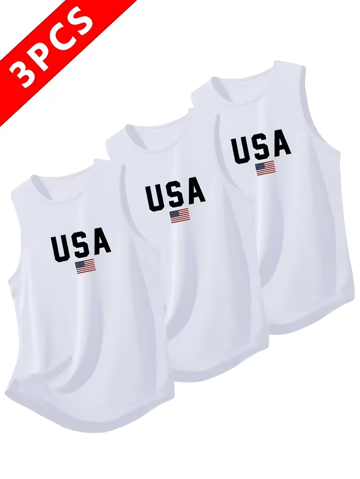 Lot de 3 débardeurs de sport pour homme, séchage rapide et anti-transpiration, avec imprimé USA, respirants, pour salle de sport, course à pied et entraînement - Noir, Blanc, Gris
