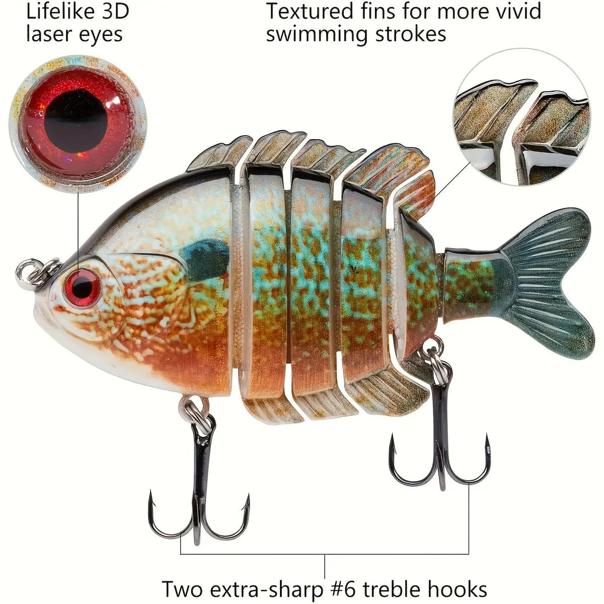 Lot de 4 leurres de pêche articulés Swimbait – Appât de surface rigide réaliste type perche avec hameçons triples, 8,9 cm / 24 g, leurres réalistes type crapet et poisson-soleil pour la pêche au bar en eau douce et en eau salée