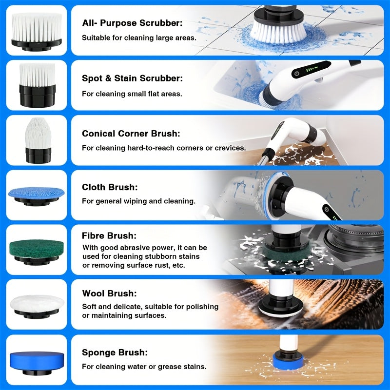 Brosse de nettoyage électrique sans fil 7-en-1 avec 7 têtes interchangeables, double vitesse réglable et manche télescopique amovible pour le nettoyage de la salle de bain, du carrelage, de la baignoire, de la cuisine, de la voiture et des joints de sol