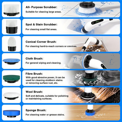 Brosse de nettoyage électrique sans fil 7-en-1 avec 7 têtes interchangeables, double vitesse réglable et manche télescopique amovible pour le nettoyage de la salle de bain, du carrelage, de la baignoire, de la cuisine, de la voiture et des joints de sol