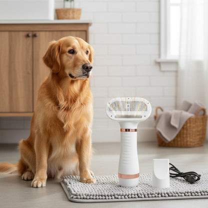Sèche-poils pour animaux 2-en-1 avec brosse carde autonettoyante – Séchoir de toilettage portable pour chiens et chats, 3 réglages de température, silencieux, poils en acier inoxydable, outil de toilettage pour la maison et les voyages