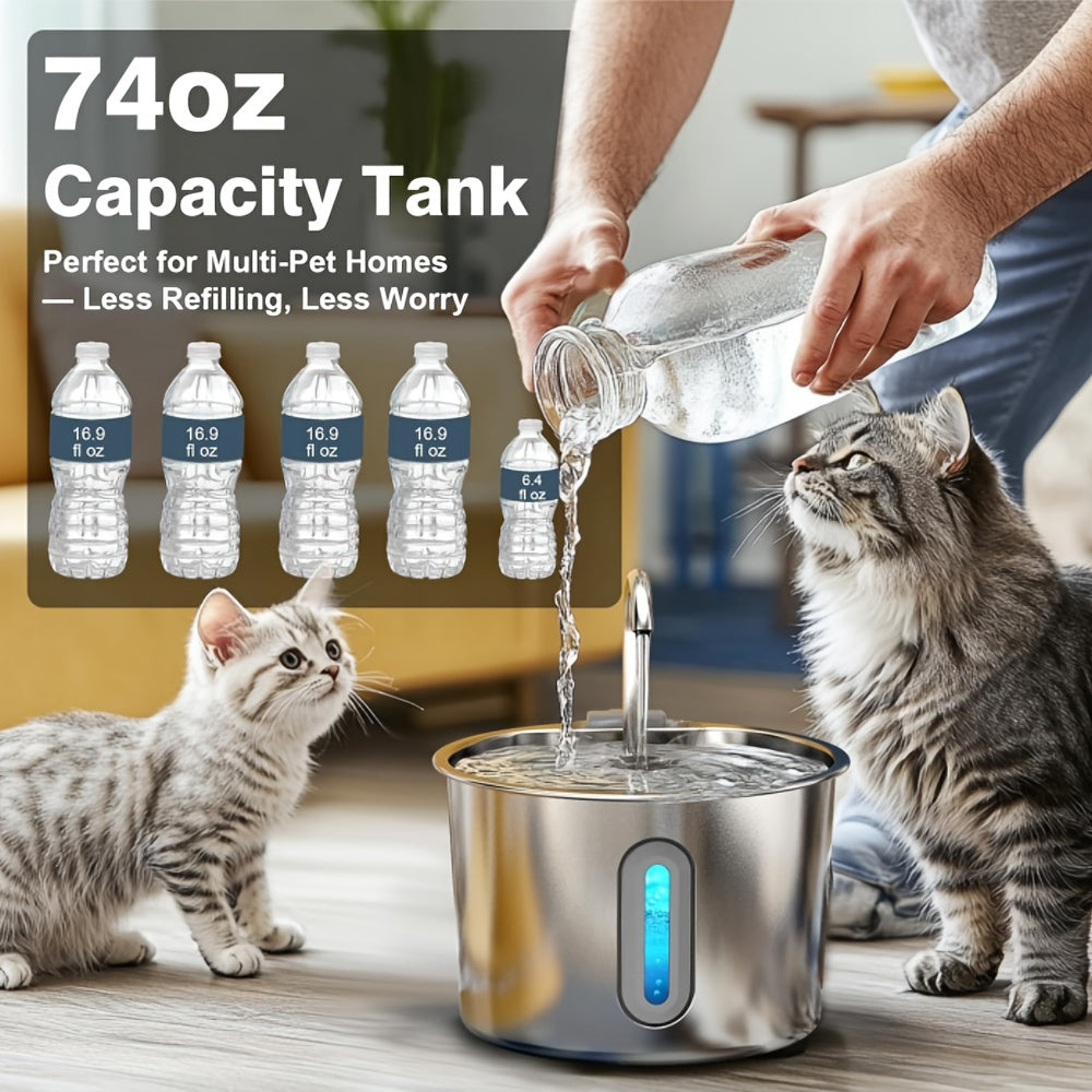 Fontaine à eau pour chat en acier inoxydable 2,2 L - Pompe USB ultra-silencieuse, débit type robinet, filtre à 3 étapes et fenêtre de niveau d'eau visible, fontaine automatique pour chats et petits chiens en intérieur