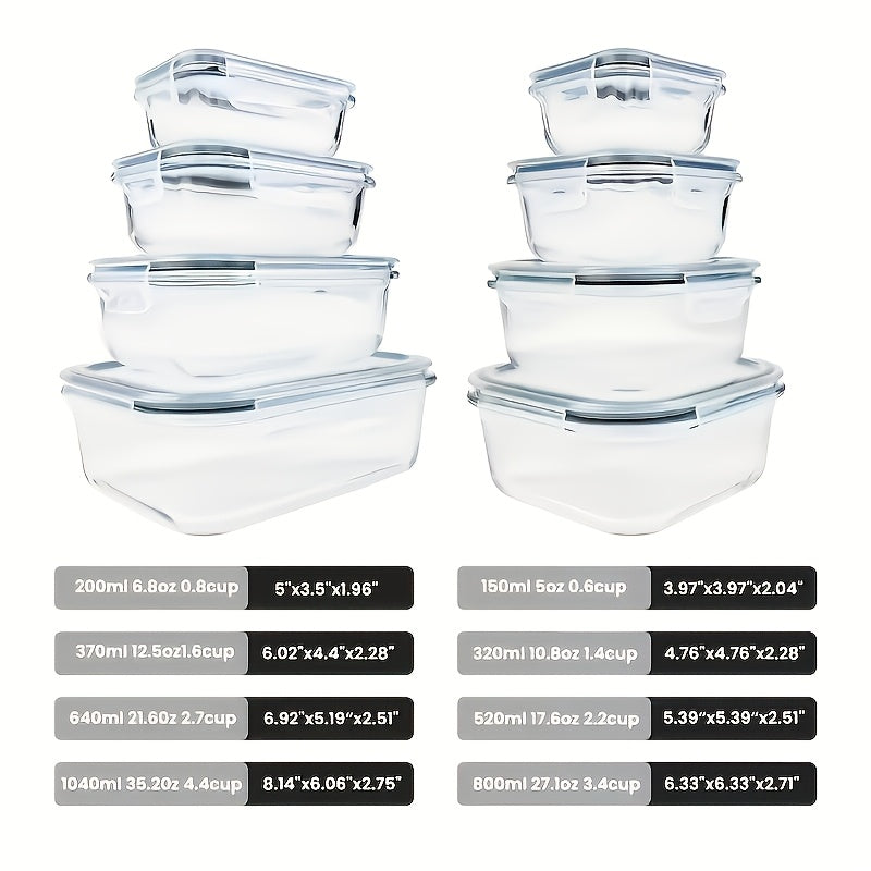 Ensemble de 16 récipients alimentaires en verre hermétiques – 8 couvercles et 8 récipients, compatibles micro-ondes et four, sans BPA, parfaits pour la préparation des repas, salades, fruits, légumes, sandwichs et pique-niques en extérieur