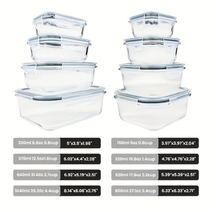 Ensemble de 16 récipients alimentaires en verre hermétiques – 8 couvercles et 8 récipients, compatibles micro-ondes et four, sans BPA, parfaits pour la préparation des repas, salades, fruits, légumes, sandwichs et pique-niques en extérieur