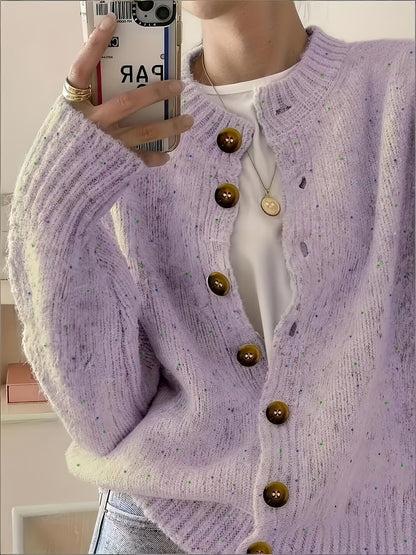 Cardigan décontracté pour femme à boutons, manches longues, col rond, maille colorée | Haut élégant et léger en tissu extensible à motif pois bonbon, tailles S M L XL