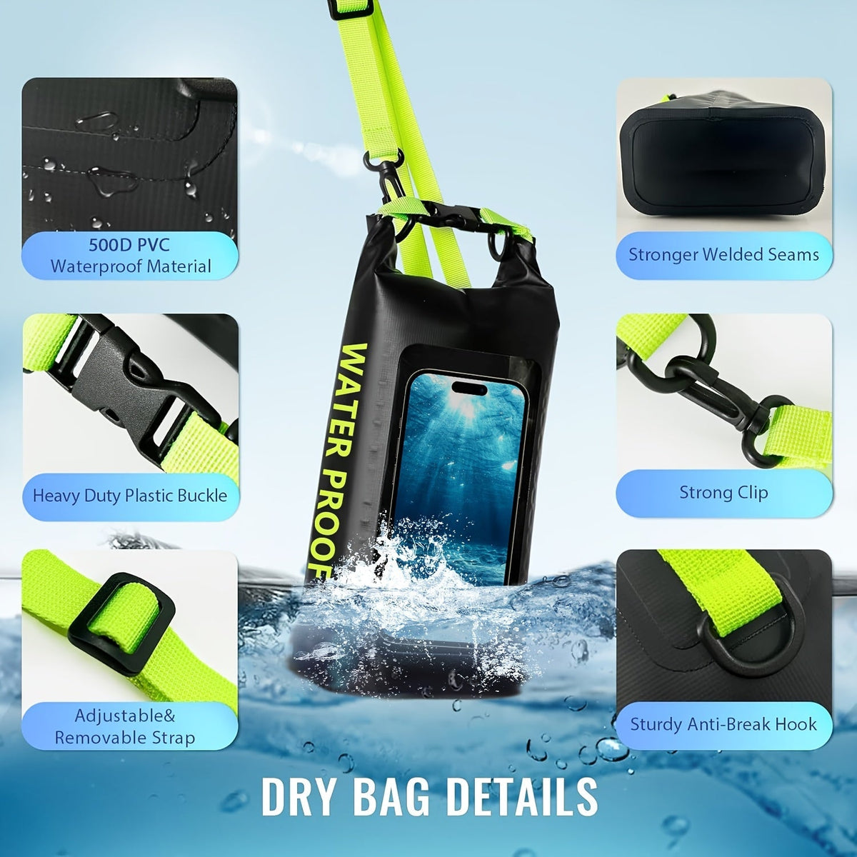 Sac étanche de 10 L à fermeture par enroulement avec pochette pour téléphone - Sac bandoulière pour kayak, bateau, plage, camping, natation, pêche, rafting et voyage
