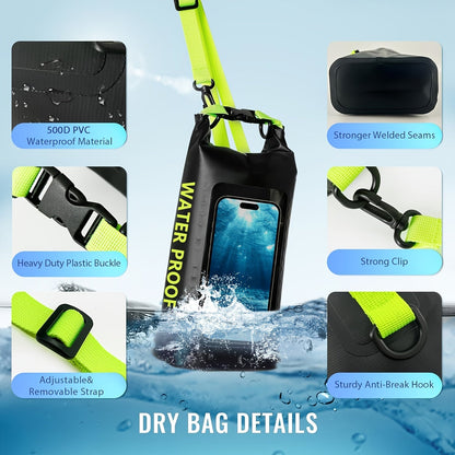 Sac étanche de 10 L à fermeture par enroulement avec pochette pour téléphone - Sac bandoulière pour kayak, bateau, plage, camping, natation, pêche, rafting et voyage