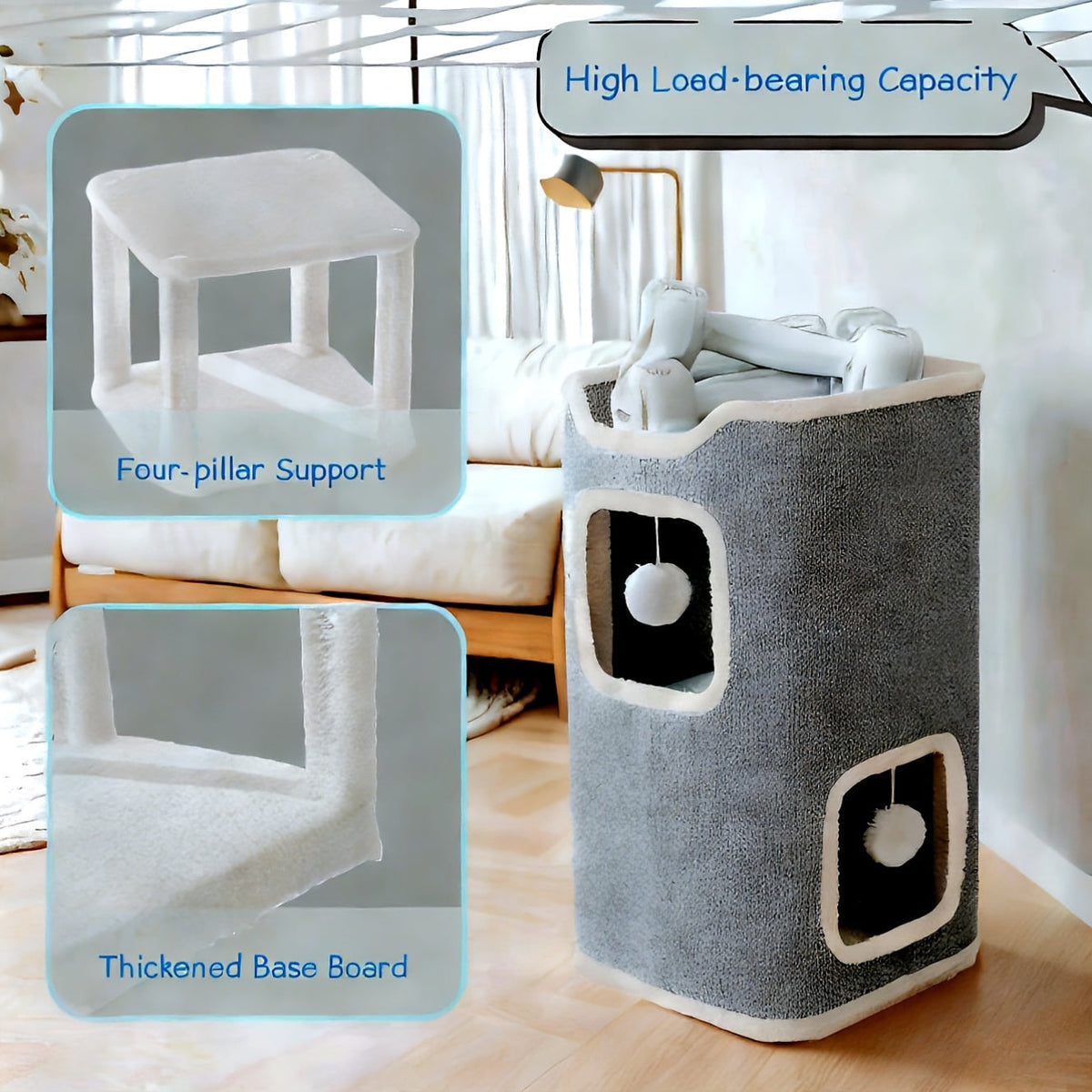 Arbre à chat pliable à plusieurs niveaux pour chats d'intérieur - Maison pour chat résistante aux griffures avec couchage douillet, cachette et balles à grelots, meuble pour chat de 1 à 3 étages pour grimper, jouer et se reposer