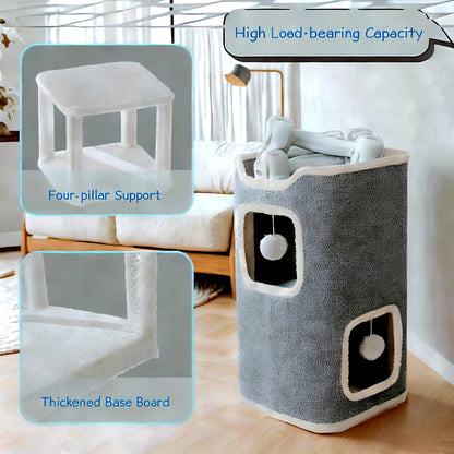 Arbre à chat pliable à plusieurs niveaux pour chats d'intérieur - Maison pour chat résistante aux griffures avec couchage douillet, cachette et balles à grelots, meuble pour chat de 1 à 3 étages pour grimper, jouer et se reposer