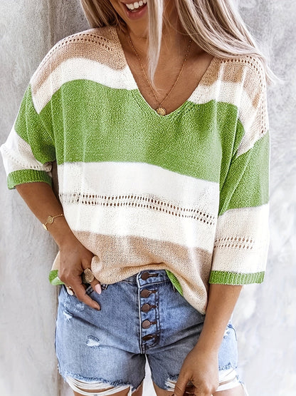 Haut en tricot pour femme, col en V, épaules dénudées, ajouré, à rayures et blocs de couleurs - Chemisier décontracté d'été pour le quotidien et les vacances à la plage