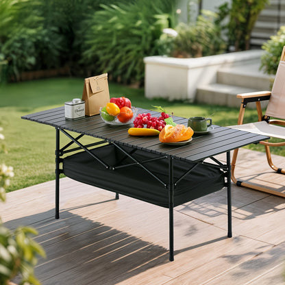 Table de camping pliante portable en aluminium, légère, pour pique-nique en plein air, avec filet de rangement et sac de transport – Hauteur réglable 95 cm, facile à ranger, pour camping, plage, jardin, barbecue, fête et terrasse