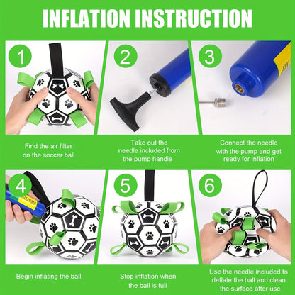 Jouet pour chien en forme de ballon de football avec sangles – Jouet durable pour jeux de traction et jeux d'eau pour chiens de petite et moyenne taille, inclut un embout de gonflage, cadeau idéal pour les chiots à Noël et pour les anniversaires
