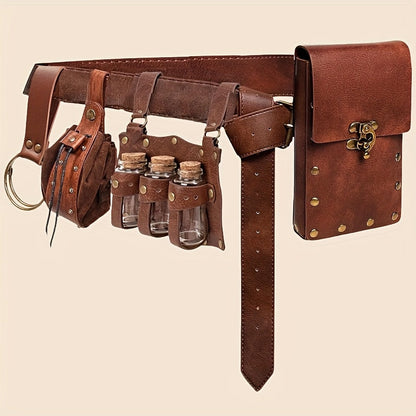 Ensemble de sacoche médiévale viking 5 pièces, pochette en similicuir avec fioles en verre, boucles et sangles, accessoire de costume vintage pour Halloween, cosplay, fête de la Renaissance, GN, jeu de rôle, noir, marron