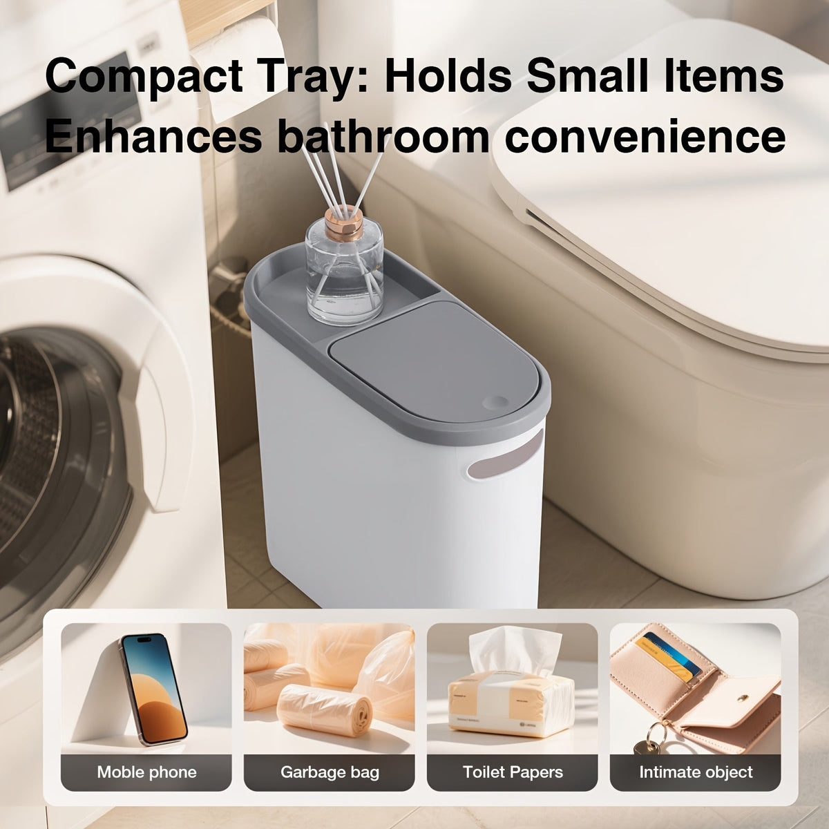 Petite poubelle de salle de bain avec poignées intégrées, lot de 1 ou 2 – Corbeille à papier en plastique antirouille, design gain de place pour salle de bain, buanderie et bureau, sacs poubelle inclus