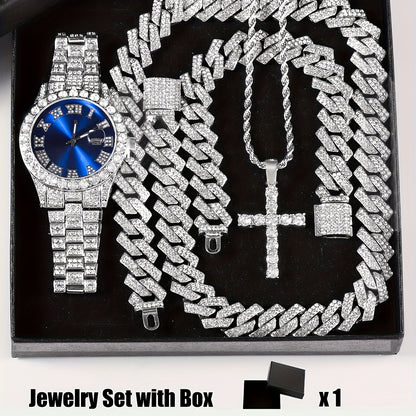 Parure de bijoux 4 pièces avec montre strass et pendentif croix, montre-bracelet analogique à quartz, collier, bracelet et boucles d'oreilles, cadeau unisexe pour lui ou elle, mariage