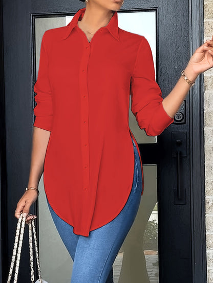 Chemisier élégant à manches longues et boutonnage frontal pour femme | Chemise de bureau opaque avec fente latérale | Haut professionnel décontracté toutes saisons | Chemisier de travail pour femme facile d'entretien | XS-XXL Multicolore
