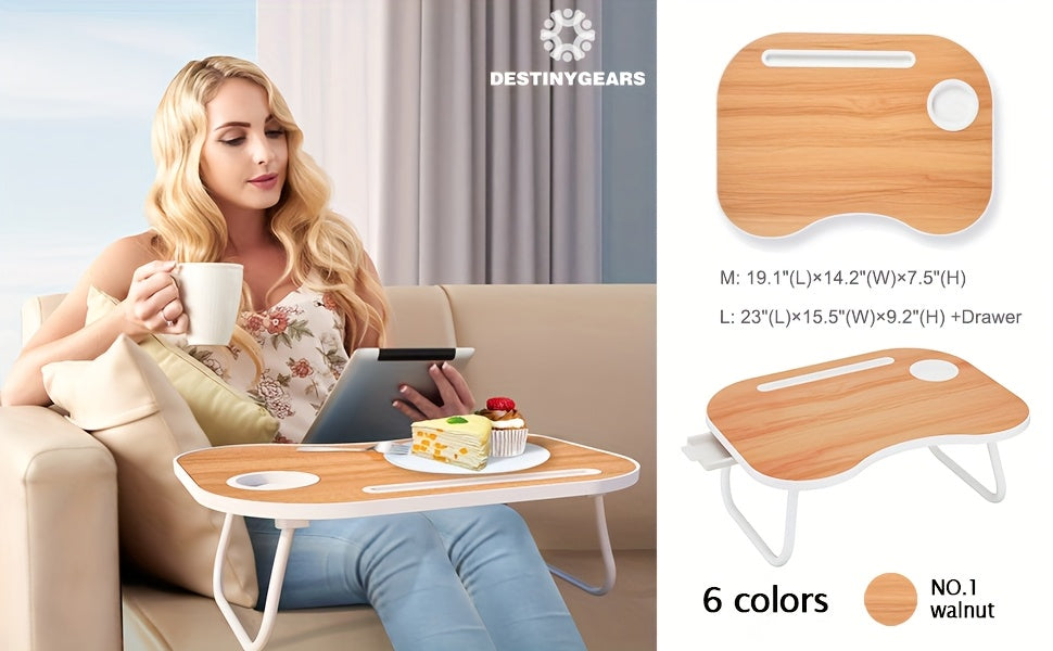 Support pour ordinateur portable avec port USB, tiroir de rangement et porte-gobelet – Plateau de lit en bois noyer pour manger, écrire, canapé, adultes et étudiants
