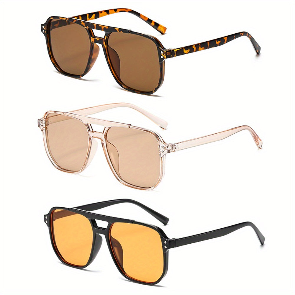 Lot de 3 lunettes de soleil rectangulaires à motif léopard pour femme – Lunettes de mode avec monture en polycarbonate, double pont et verres réfléchissants, idéal pour le quotidien, les festivals d'été, les anniversaires et la fête des mères
