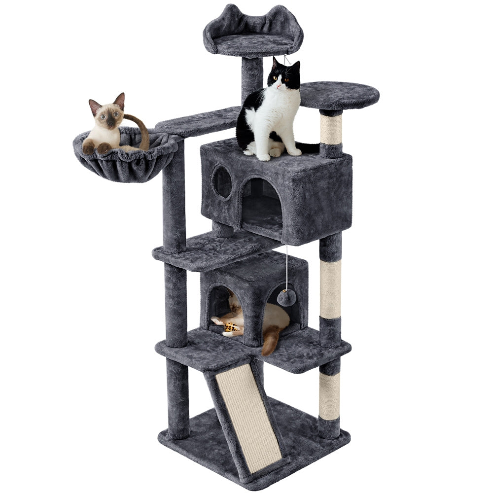 Arbre à chat multiniveaux de 145 cm avec 2 niches – poteaux à griffer en sisal, balle suspendue, plateforme ronde et échelle pour chatons et petits chats d'intérieur, 6 couleurs, cadeau de Noël pour les amoureux des chats