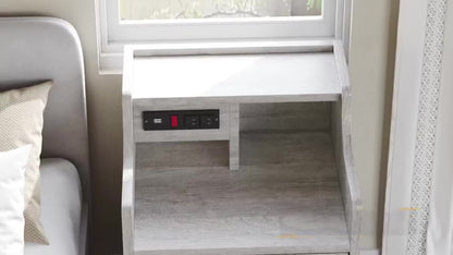 Table de chevet avec station de charge – 2 ports USB et 2 prises, étagère et 3 tiroirs, bout de canapé pour chambre, salon et bureau, gris ou blanc