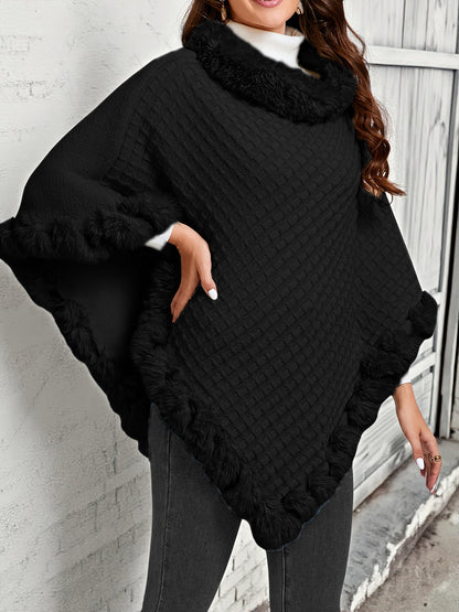 Poncho châle en tricot gaufré pour femme avec bordure en fausse fourrure - Pull élégant sans manches à col montant, cape enveloppante chaude de couleur unie pour l'automne et l'hiver, 8 couleurs taille unique