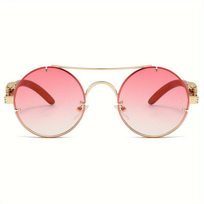 Lunettes de soleil rondes à monture en métal avec verres dégradés pour hommes et femmes – Luxe, double pont, détails léopard sur les charnières, verres en polycarbonate dégradés, étui inclus, style chic pour les vacances et la ville