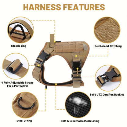 Harnais tactique pour chien – Gilet anti-traction style militaire pour animal de compagnie avec poignée de contrôle, ajustement sécurisé pour chiens actifs, motif uni, tailles S à XL, idéal pour le dressage, la randonnée et la marche