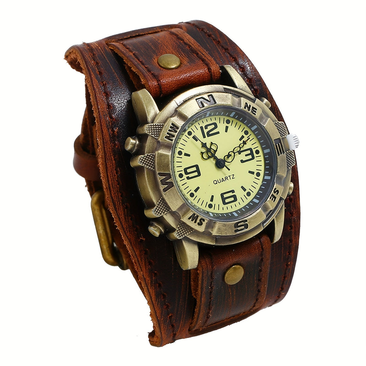 Montre à quartz analogique unisexe style steampunk vintage avec large bracelet en cuir – Style biker, boîtier rond, marron foncé, noir, marron, cadeau pour Halloween, Noël, fête des Pères