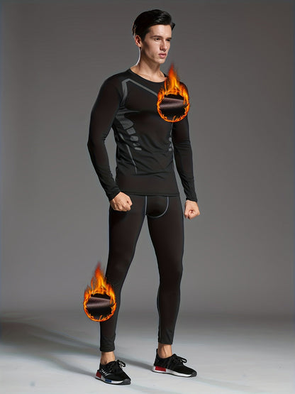 Ensemble de 6 pièces de sous-vêtements de sport thermiques doublés en polaire pour homme – Couche de base chaude imprimée pour la course, le fitness et l'entraînement automne-hiver, équipement d'entraînement matin et soir